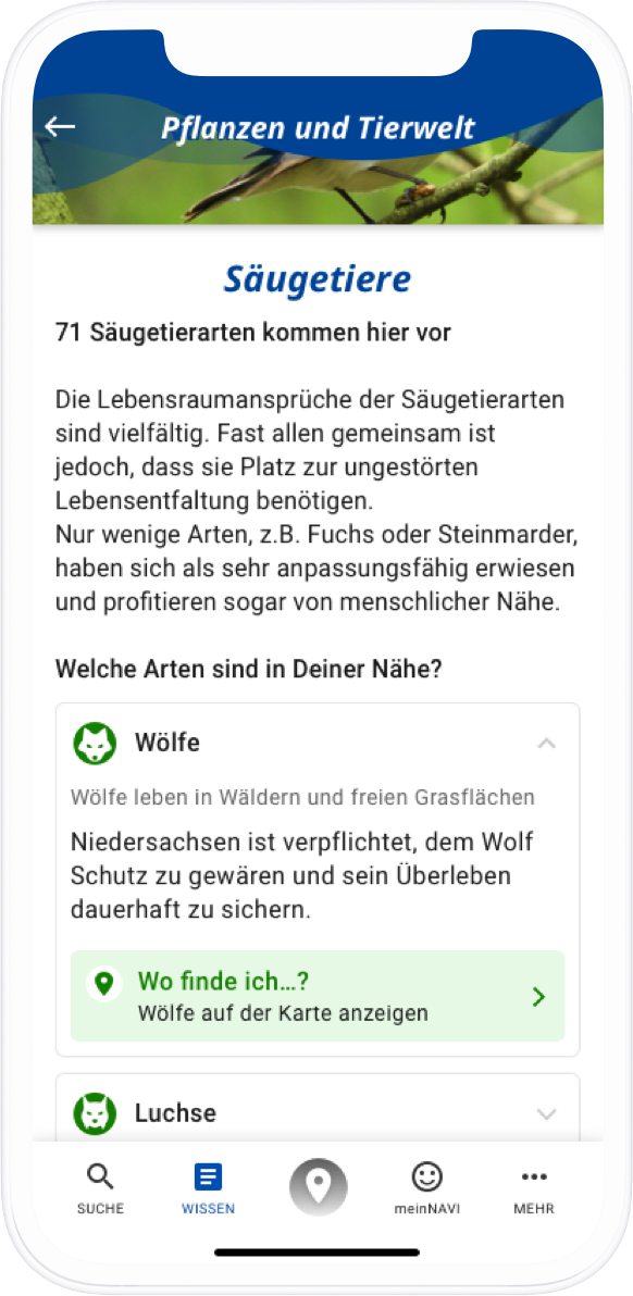 App-Screenshot Wissensbereich - Wo finde ich?